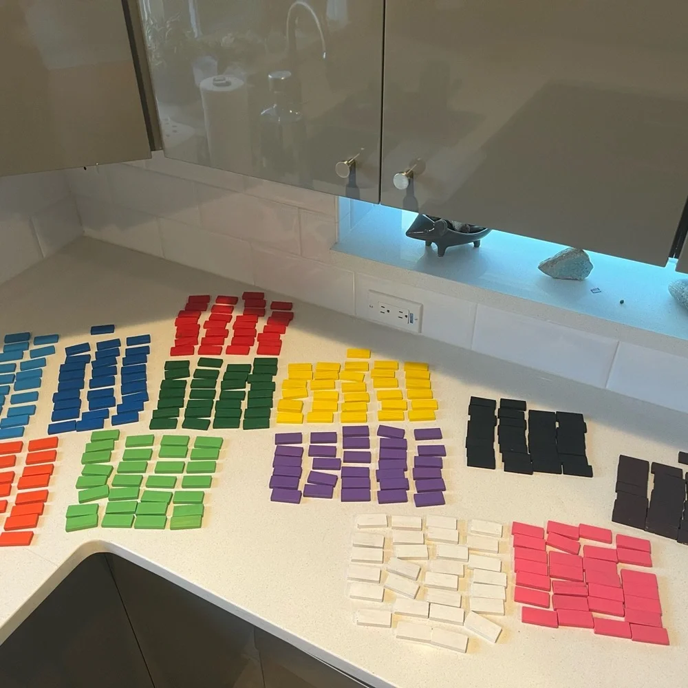 Dominoes, wooden, assorted colors